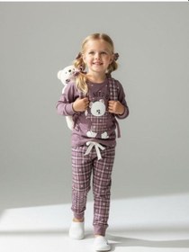 Resim Kız Çocuk Pamuklu Ekose Desenli Ayıcıklı Pijama Takımı-16826 Mor 