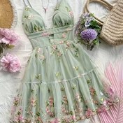 Resim Kadınlar için Şık Bohem Çiçek Baskılı Spagetti Askılı Elbise - Hafif Yarı Şeffaf Sırtı Açık Yazlık Elbise, Pastel Pembe & Nane Yeşili Plaj ve Bahçe Partileri ile Günlük Kullanım İçin, Fırfırlı Katmanlı, Spagetti Askılı Sundress, Zarif Detaylarla 