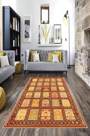 Resim Pelangi Etnik Kilim Deseli Dijital Baskılı Yıkanabilir Kaymaz Taban Modern Salon Halısı, Sarı-Kahverengi 80 x 600, OTCKLM28060005 