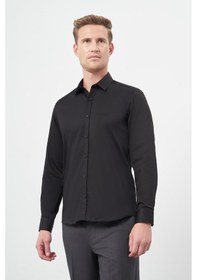 Resim Siyah Uzun Kol Düz Bez Ayağı 032 Sert Yaka Classic Slim Fit Gömlek 1004245324 Siyah 