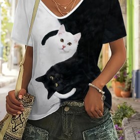 Resim Kediler Baskılı V Yaka T-shirt, Bahar Ve Yaz Için Kısa Kollu Rahat Üst, Kadın Giyim 