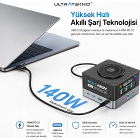 Resim UltraTekno WLX-R8A 680W Gan 8 Port Pd 3.1 Hızlı Şarj Istasyonu Kablosuz Şarj Destekli USB Type-C Laptop Telefon Tablet Şarj Cihazı 