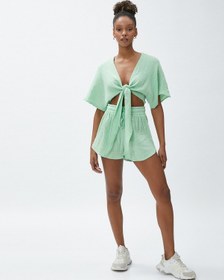 Resim Koton Crop Yoga Tişört Müslin Kimono Görünümlü Bağlama Detaylı Yeşil 3sak10004nw 3SAK10004NW790 Yeşil 