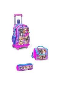 Resim Kids Pembe Köpek Desenli Üç Bölmeli Çekçekli Okul 3'lü Çanta Seti 3set23950 