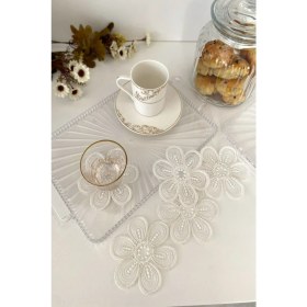 Resim Emtory Home Santiago Model Krem Renkli 6 Adet Fincan Yanı Sunum Peçetesi Dantel Nakışlı 
