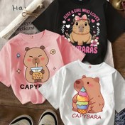 Resim 3'lü Kız Çocukları Sevimli Kapibara Grafikli Tişörtler - Yumuşak Polyester Kısa Kollu Eğlenceli Karikatür Baskılı Tişörtler, Gençler İçin Rahat Yazlık Üstler, Pembe ve Beyaz, Makinede Yıkanabilir, Kızlar için Tişörtler 