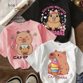Resim 3'lü Kız Çocukları Sevimli Kapibara Grafikli Tişörtler - Yumuşak Polyester Kısa Kollu Eğlenceli Karikatür Baskılı Tişörtler, Gençler İçin Rahat Yazlık Üstler, Pembe ve Beyaz, Makinede Yıkanabilir, Kızlar için Tişörtler 