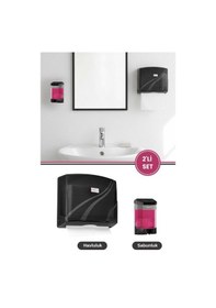 Resim 200 Lü Z Katlamalı Kağıt Havluluk Dispanseri + Banyo Mutfak Duvara Monte Sıvı Sabunluk Siyah Seri Siyah 