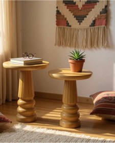 Resim ASELYA HOME Doğal Ahşap 2’li Set Mantar Yan Sehpa Modern Vernikli Fiskos Zigon Çiçeklik 