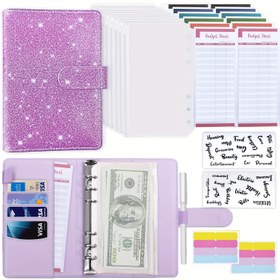 Resim A6 Glitter PU Deri Ciltli, 6 Halkalı Bütçe Planlayıcı Organizatör, 8 Fermuarlı Nakit Zarfı, 12 Harcama Bütçesi Sayfası, Bütçeleme, Para Tasarrufu için 2 Mektup Etiketi Çıkartması 