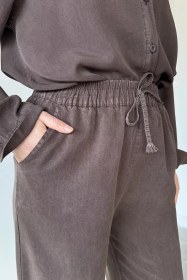 Resim Bel Lastikli Tensel Kumaş Tesettür Pantolon Kahve TZL-P-00021265 