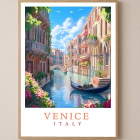 Resim Venice Italy Travel Poster - Vintage Canal Gondola Romance Print - Wooden Frame - Natural / 8,3 x 11,7" (21x30) 