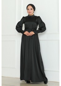 Resim Kuşaklı Saten Abiye 1136 - Siyah 