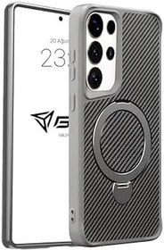 Resim Babilden Samsung Karbon Fiber Materyal Stand Özellikli Lens Çerçeveli ve Sararmayan Güçlü Darbe Emici Premium Kılıf (Gümüş Rengi, Galaxy S24 Ultra) 