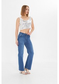 Resim Kutaf Mavi Yüksek Bel Kar Yıkama Likralı Geniş Paça Palazzo Jeans Mavi 