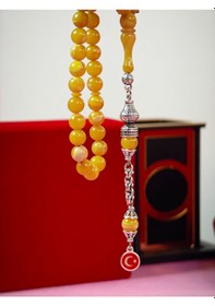 Resim Ateş Kehribar Tesbih Bilek Boy 8 Mm Usta İşçilikli Orjinal Kehribar Küre Kesim Bilek Boy Kişiye Özel İsimli Altın 