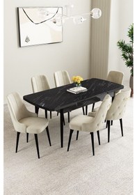 Resim Clara Siyah Mermer Desen 80x132 Açılabilir Mdf Masa Yemek Odası Takımı,mutfak Takımı 6 Adet Sandalye Krem 