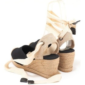 Resim Gerçek Elişi Ipli Espadril Dolgu Topuk Keten Espadril Handmade Siyah 