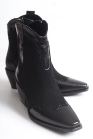 Resim Solo Bag Paslanmaz Çelik Detaylı Hakiki Süet Deri Nakış Detaylı Şık Kısa Kovboy Siyah Çizme 