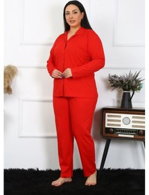 Resim Akbeniz Kadın Büyük Beden Pamuklu Cepli Düğmeli Kırmızı Pijama Takım 202401-kırmızı Kırmızı 