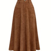 Resim Kadınlar için Şık Yüksek Bel A Kesim Etek - Cebi Olan İnceleştirici Kahverengi Kadife Midi, Esnemez Polyester, Makinede Yıkanabilir - Şık & Çok Yönlü 