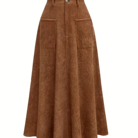 Resim Kadınlar için Şık Yüksek Bel A Kesim Etek - Cebi Olan İnceleştirici Kahverengi Kadife Midi, Esnemez Polyester, Makinede Yıkanabilir - Şık & Çok Yönlü 