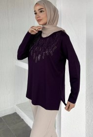 Resim Taşlı Tesettür Anne Penye Bluz Mor TZL-P-00021461 