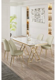 Resim Canisa Vals Serisi 80x130 Lak Panel Beyaz Mermer Desen Masa Takımı Gold Ayaklı 4 Krem Sandalye Beyaz Mermer Desen Masa Sandalyeler Krem 