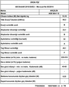 Resim Arçelik ADE 604-1 G Ankastre Duvar Tipi Davlumbaz 