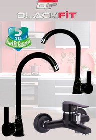 Resim BlackFit Siyah Delta 3 Lü Banyo Duş Bataryası Musluğu Seti Mutfak Ve Lavabo 5 Yıl Garanti 