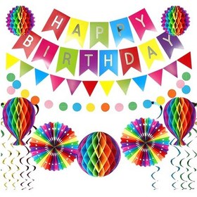 Resim Teltree Renkli Doğum Günü Parti Dekorasyon Seti 18 Parça - Balon, Fener, Spiral Ve Bayraklar İle Kolay Montajlı Parti Atmosferi Oluşturucu 