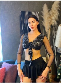 Resim Kayahan Collection Parlak Göğüsten Bağlamalı Kadın Şort Etekli Takım 