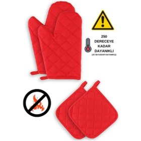 Resim Yanmaz Ve Isıya Dayanıklı Fırın Eldiveni Ve Tutacak 2 Eldiven, 2 Tutacak Kırmızı 