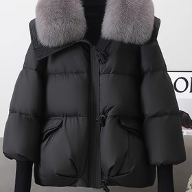 Resim Çıkarılabilir Yapay Kürk Astarlı Kalınlaştırılmış Kışlık Ceket - Rahat Kesim A-Kesimi, Kaburgalı Manşetli ve Cepli Siyah Soğuk Hava Dış Giyim 