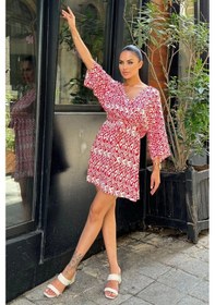 Resim WeShaya Kadın Kırmızı Etnik Desenli Viskon, Yarasa Kol, Kruvaze Mini Kimono - Kloş Kısa Elbise Kırmızı 