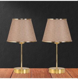 Resim Star Gold Ayaklı Abajur Şeritli Kumbeji Kumaş Başlık Yatak Odası Salon Masa Lambası 2 Adet Kum Beji 
