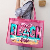 Resim 1 Adet Pembe Plaj Çantası - Büyük Kapasiteli Poliester File Çanta Canlı "BEACH BAE" ve Tropikal Desenli, Plaja, Tatil, Okula Dönüş için Çıtçıtlı Kapatma - Anneler Günü Hediyesi Anne, Öğretmenler, Arkadaşlar İçin 