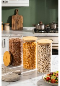 Resim Porsima 2-3 Bambu Vakumlu Kapaklı Yuvarlak Borosilikat Cam 3lü Kavanoz Seti Saklama Kabı 1300ml 10x20cm 