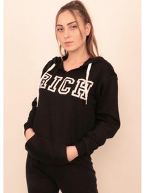 Resim Siyah Kadın Baskılı Kapüşonlu Sweatshirt Çok Renkli 