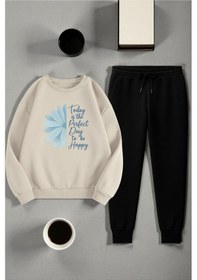 Resim Uyguntarz Unisex Today İs The Perfect Tasarım Basklı Bisiklet Yaka Sweatshirt - 2'li Eşofman Takımı Bej 