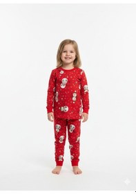 Resim Unisex Kardan Adam Desenli Pijama Takımı Kışlık %100 Pamuk Kırmızı 