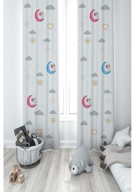 Resim Mekta Home Bebek Ve Çocuk Odası Renkli Ay Ve Tavşan Desenli 2 Kanat Fon Perde 