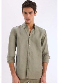 Resim Defacto %100 Keten Regular Fit Polo Yaka Yazlık Basic Düz Uzun Kollu Gömlek C1825ax25smkh433 Haki 