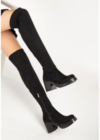 Resim 767-3010 Siyah Süet Streç Günlük Kalın Topuklu Kadın Çizme Çok Renkli 