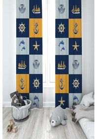 Resim Mekta Home Bebek Ve Çocuk Odası Dümen Ve Deniz Yıldzı Deseli 2 Kanat Fon Perde 
