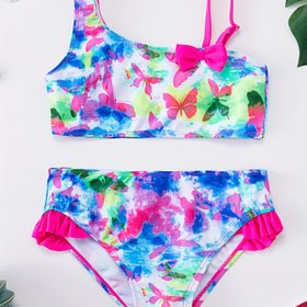 Resim Şık Kızlar Kelebek Baskılı Bikini Takımı Fiyonk Detaylı - Canlı Omuz Açık Üst & Fırfırlı Külot, Esnek Polyester Karışımı, Makinede Yıkanabilir, Yüksek Bel Bikini Takımı 