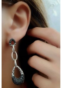 Resim Italyan Tasarımı 925 Ayar Gümüş Oniks Taşlı Lüks Küpe 