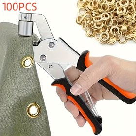 Resim Deri Kanvas Delme Pense Seti, 100/200 Adet 6/10mm Metal Halkalı Tam Göz Delici Kit - DIY Branda, Suni Deri ve Su Geçirmez Kumaş Projeleri için Temel Dikiş ve El İşi Malzemeleri, Hava Delikli Perçin Kurulum Aracı, Göz Delici 