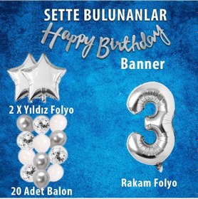 Resim Gümüş Konsept 3 Yaş Doğum Günü Kutlama Seti Beyaz Gümüş Konfetili Balon Rakam Yıldız Folyo ve Banner 
