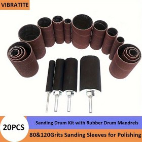 Resim 20 Parça Zımpara Tambur Seti, Orta Zımparalı Kauçuk Mandrelli Zımpara Çuvalı Kit, Çeşitli Amaçlı, Ahşap İşleme ve Ev İyileştirme Aletleri için Parlatma 